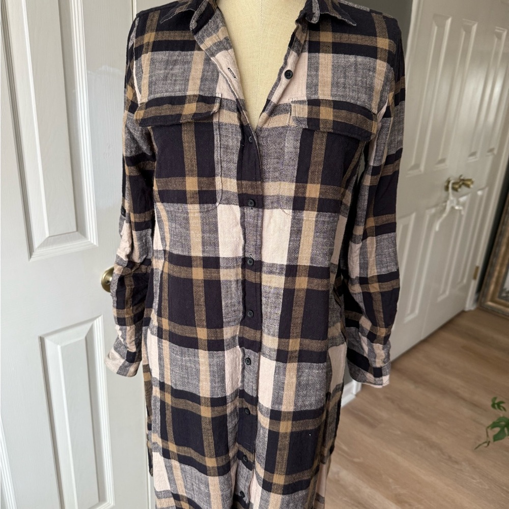 LOFT Plaid Shirt Dress - Black and Tan